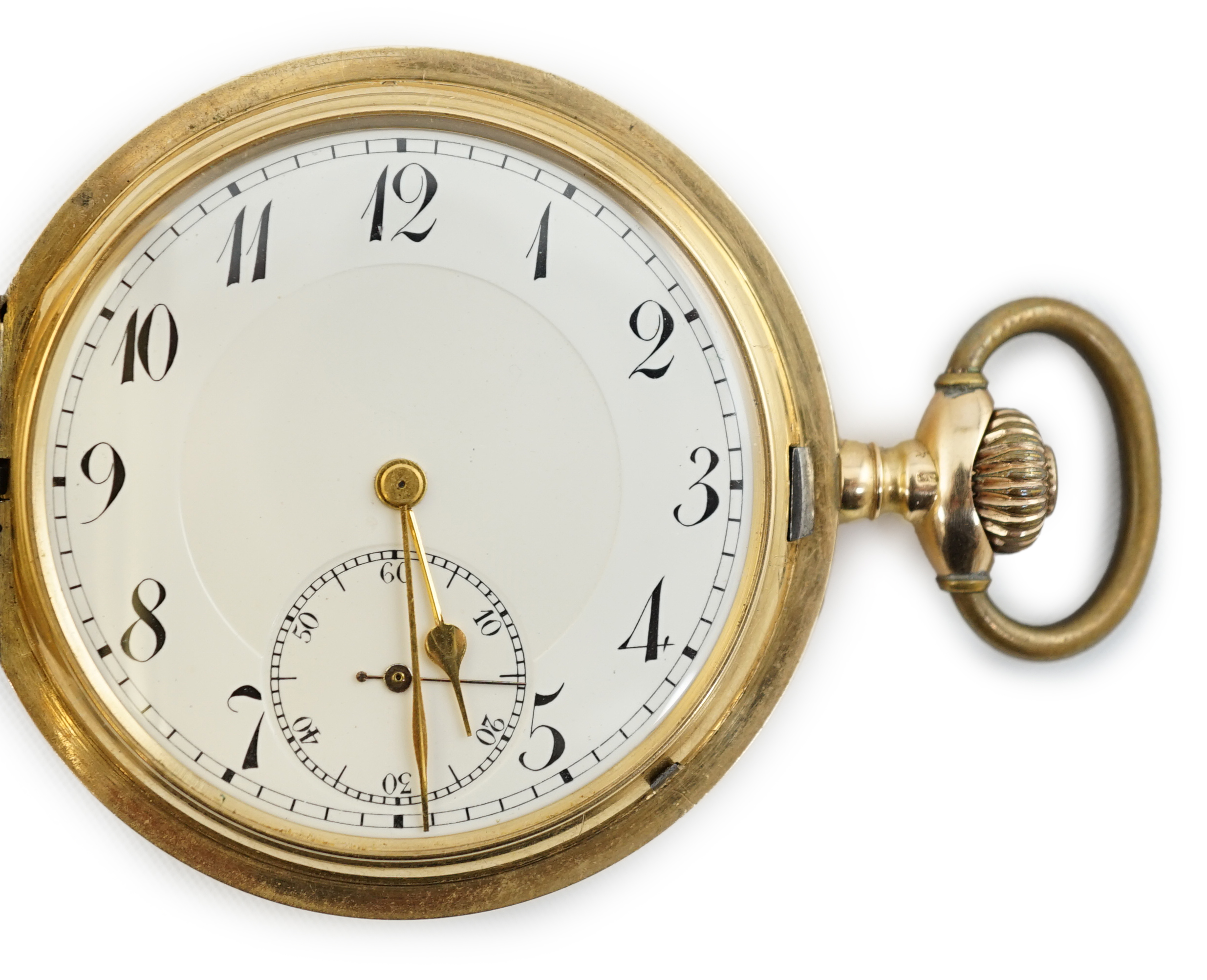 An early to mid 20th century Swiss engine turned 14k gold keyless lever hunter pocket watch